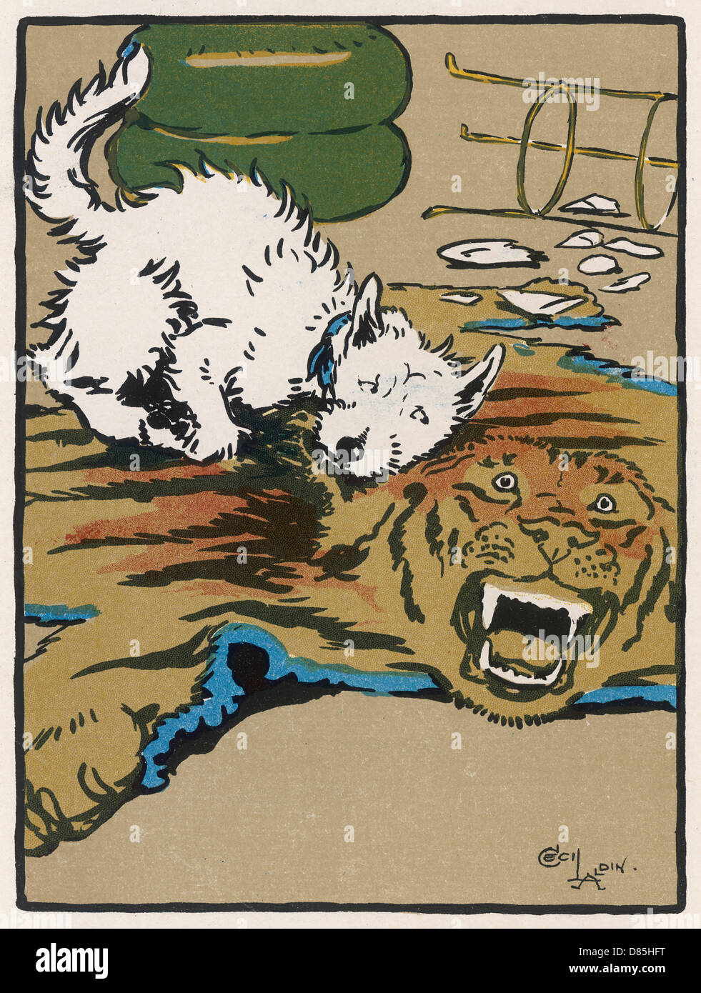 Towser le chien combat un tapis de tigre Banque D'Images