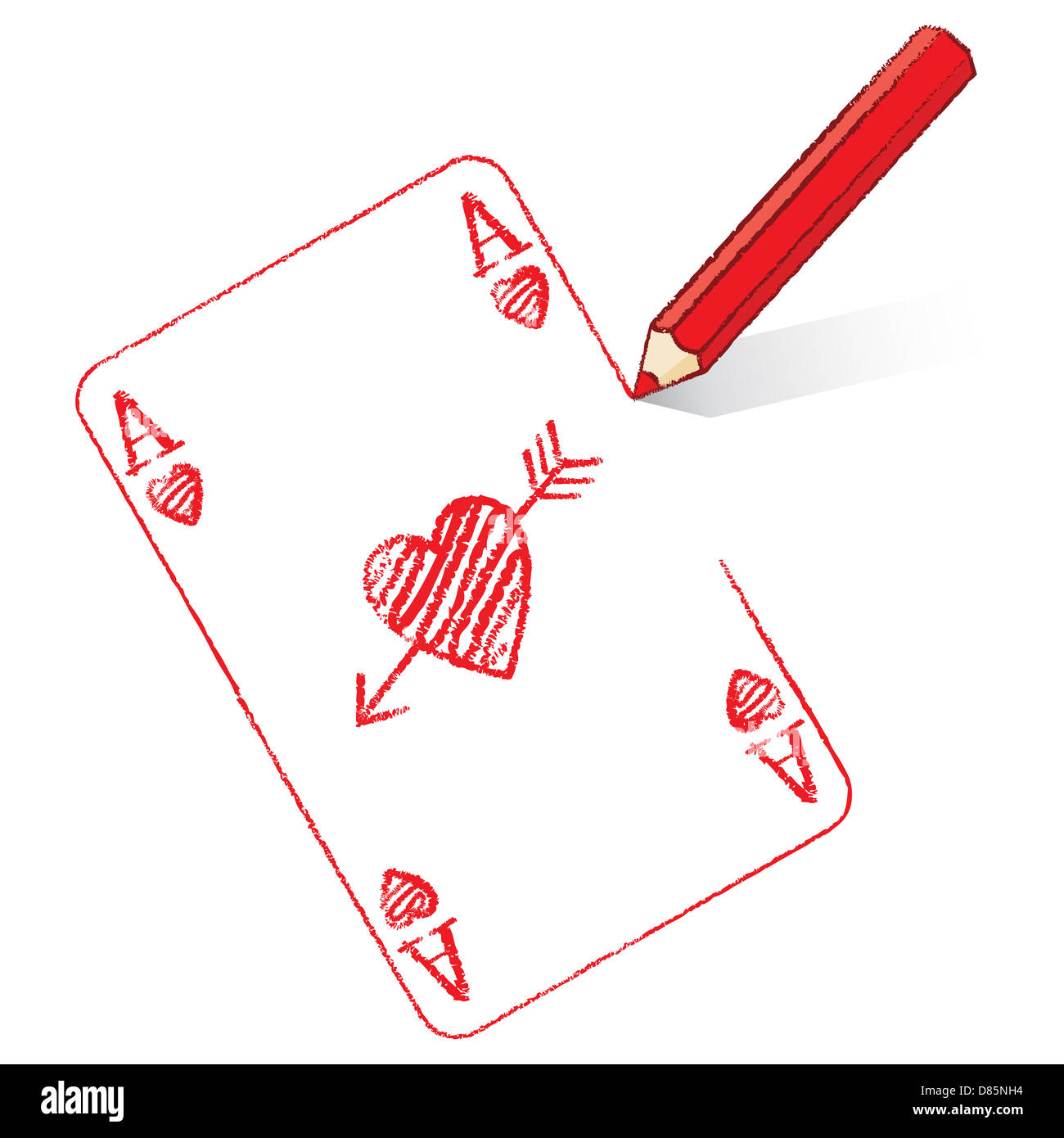 Dessin au crayon rouge divers Ace of Hearts Cartes à jouer avec flèche de Cupidon Banque D'Images