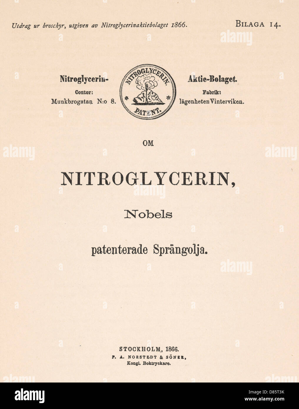 Brevet de nitroglycérine par Alfred Nobel Banque D'Images