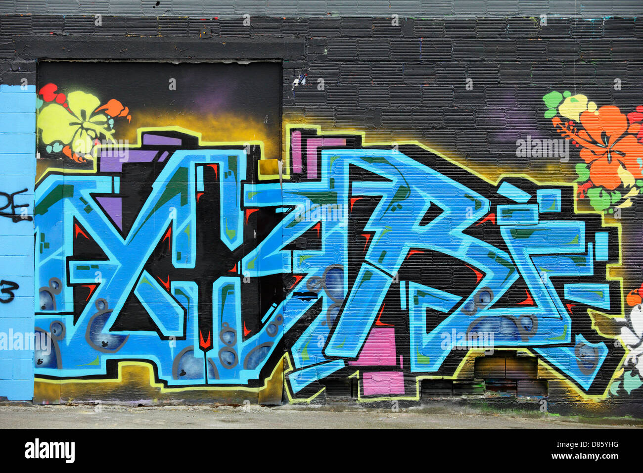 Graffitis colorés sur le flanc du bâtiment-Victoria, Colombie-Britannique, Canada. Banque D'Images