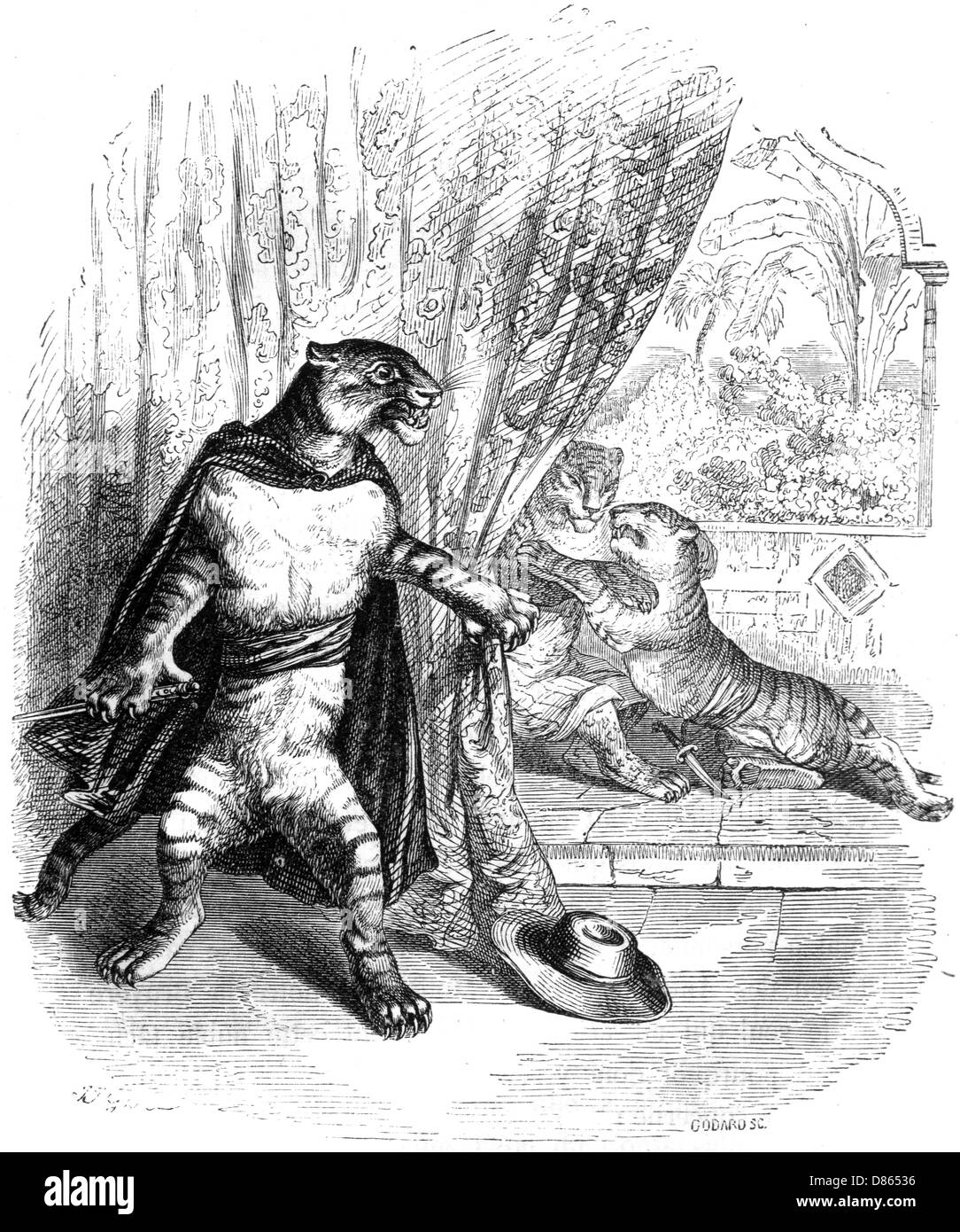 Tigre humanisé dans le rôle d'un héros de scène Banque D'Images