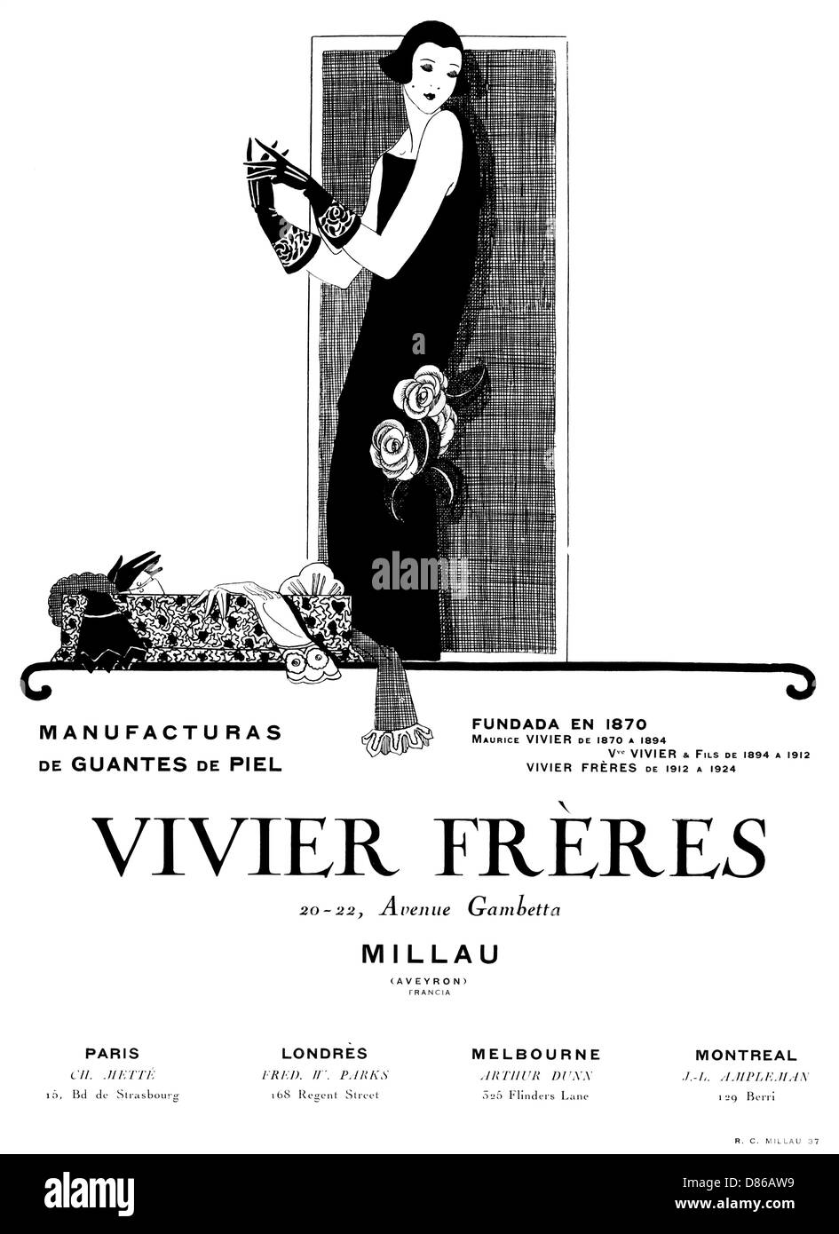 Publicité pour les gants en cuir Vivier Frères Banque D'Images