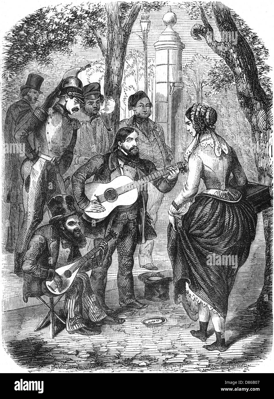 Musique de rue: Gitans jouant de la guitare, 1855 Banque D'Images