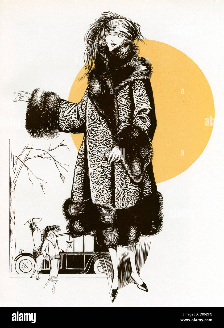 Femme portant un manteau ocelot avec une bordure en fourrure 1922 Banque D'Images