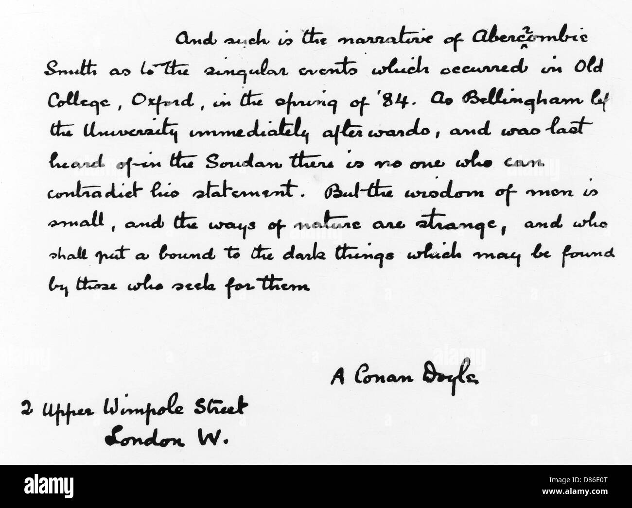 Échantillon d'écriture Arthur Conan Doyle en 1925. Banque D'Images