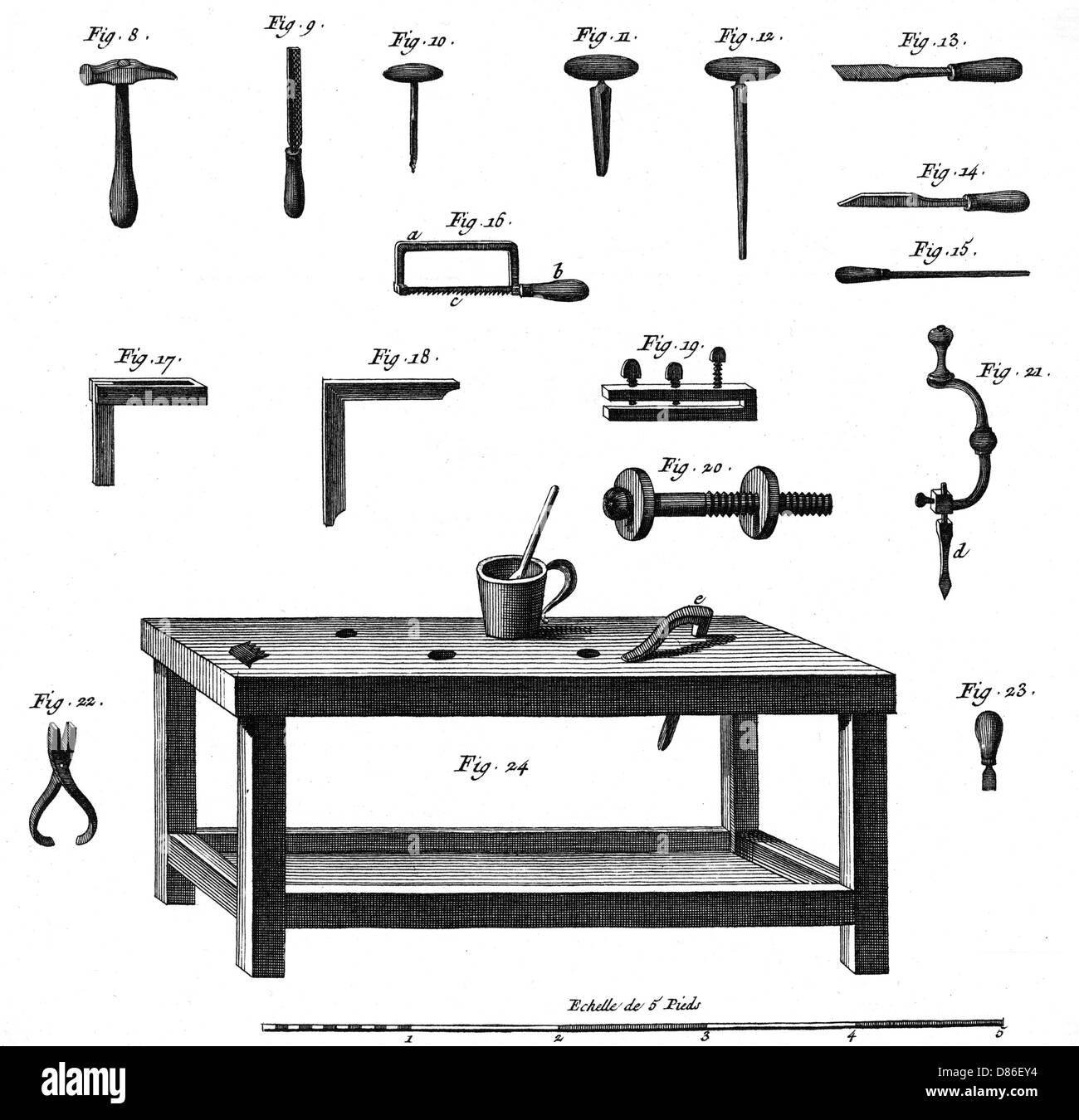 Outils pour la fabrication d'instruments de musique, c. 1750. Banque D'Images