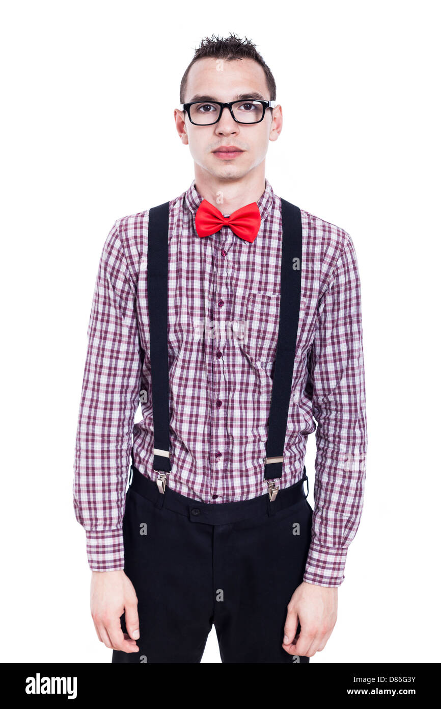 Portrait d'homme nerd, isolé sur fond blanc Banque D'Images