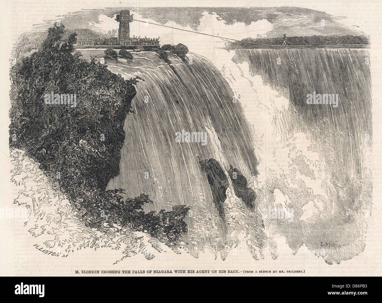 Marche en corde raide : Blondin traverse les chutes du Niagara, 1859. Banque D'Images