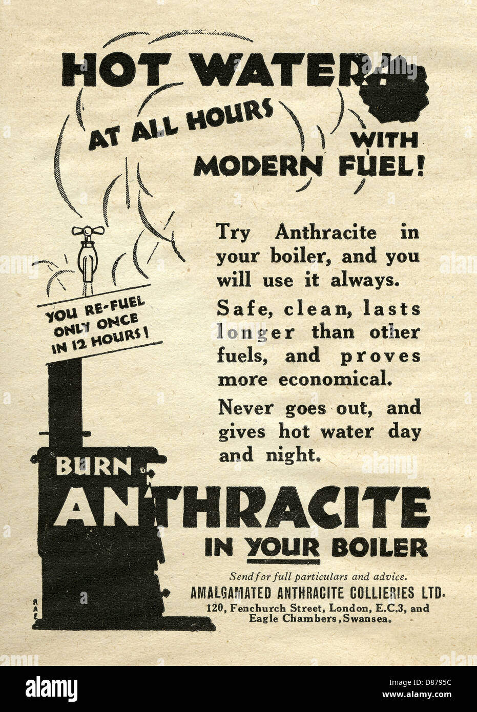 1928 publicité pour le carburant Anthracite - présenté comme un 'Cleaner' permet de brûler du charbon dans la chaudière Banque D'Images