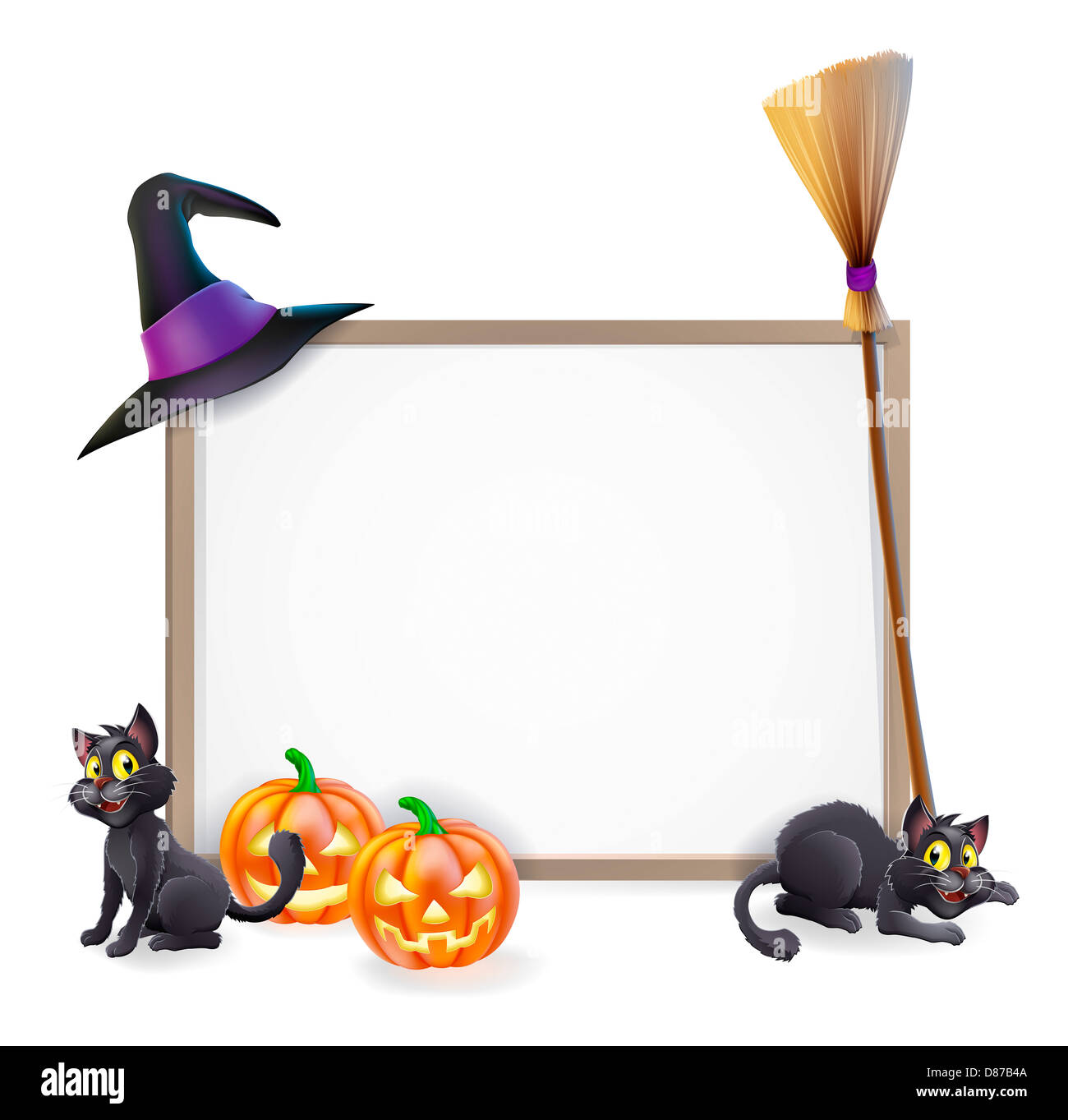 Signe de l'halloween avec chapeau de sorcière, citrouille Halloween, sorcières chat noir et blanc à balai et signer pour votre texte Banque D'Images