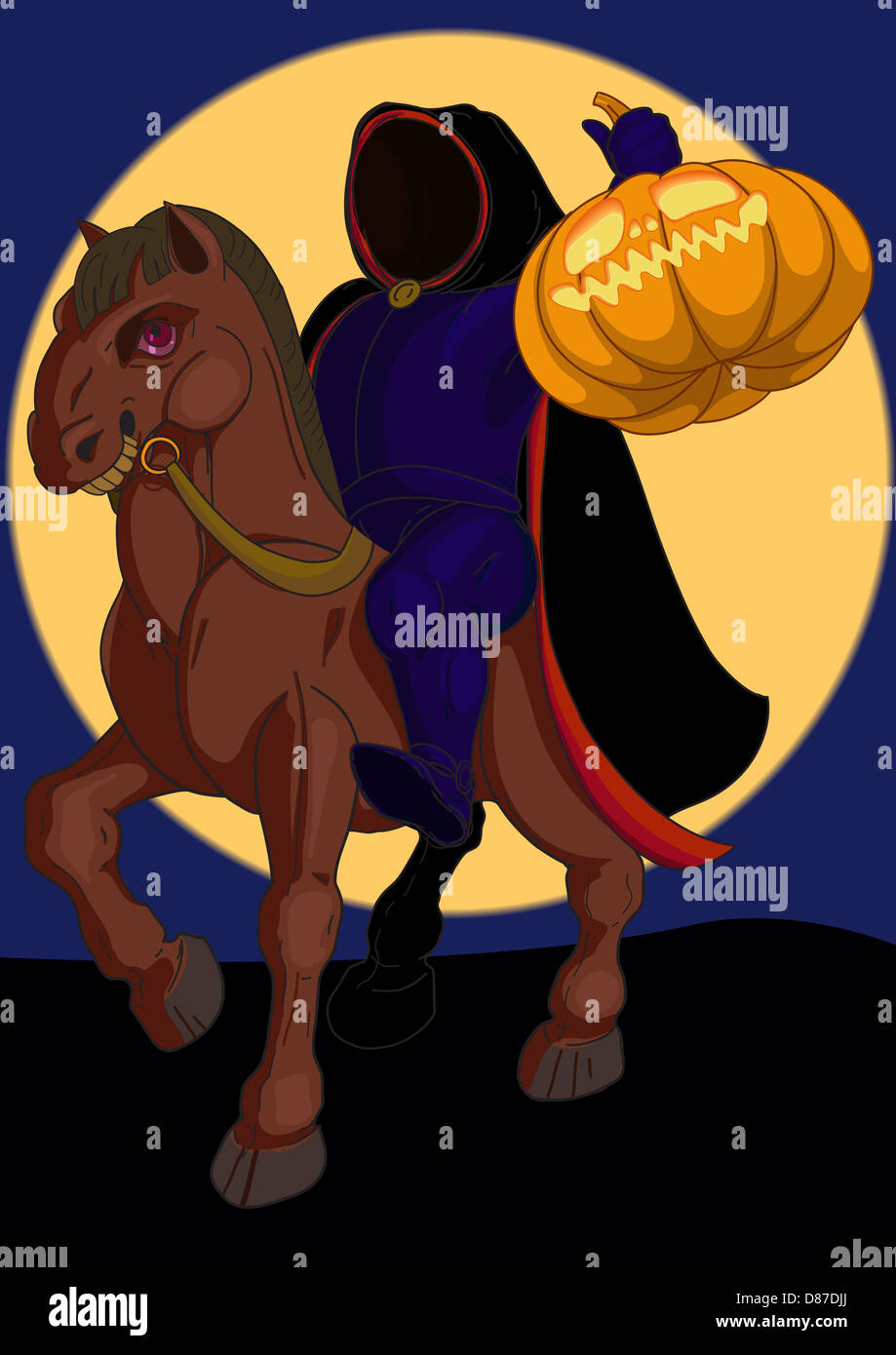 Jack o lantern Halloween symbole sur le cheval sur l'arrière-plan de la lune Banque D'Images