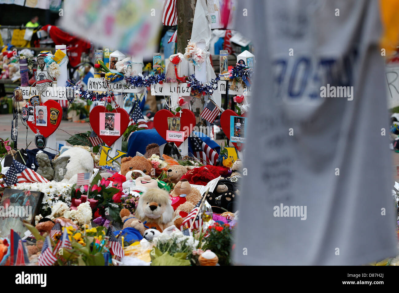 Mémorial de fortune à l'attentat du Marathon de Boston Copley Square en victimes, Boston, Massachusetts Banque D'Images