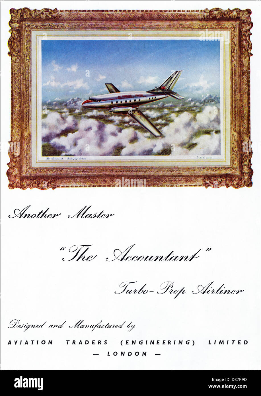 Publicité pour LE COMPTABLE ATL 90 avion de passagers construit par Aviation Traders fondé par Freddie Laker publicité dans le magazine commercial vers 1955 Banque D'Images