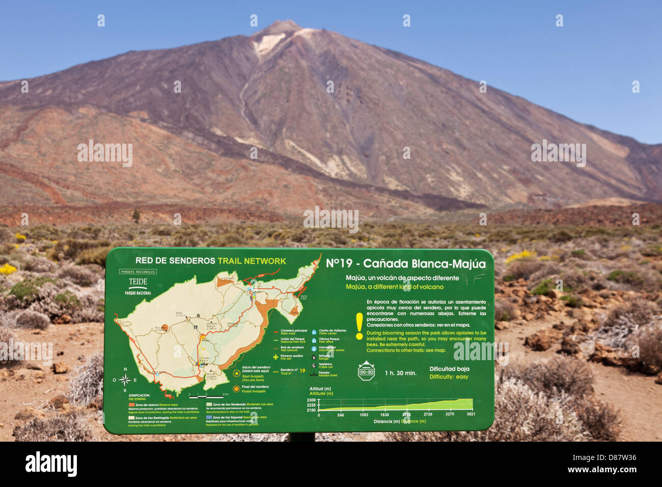 Signer avec la carte d'itinéraires de randonnées dans le parc national du Teide, Tenerife, Canaries, Espagne. Banque D'Images