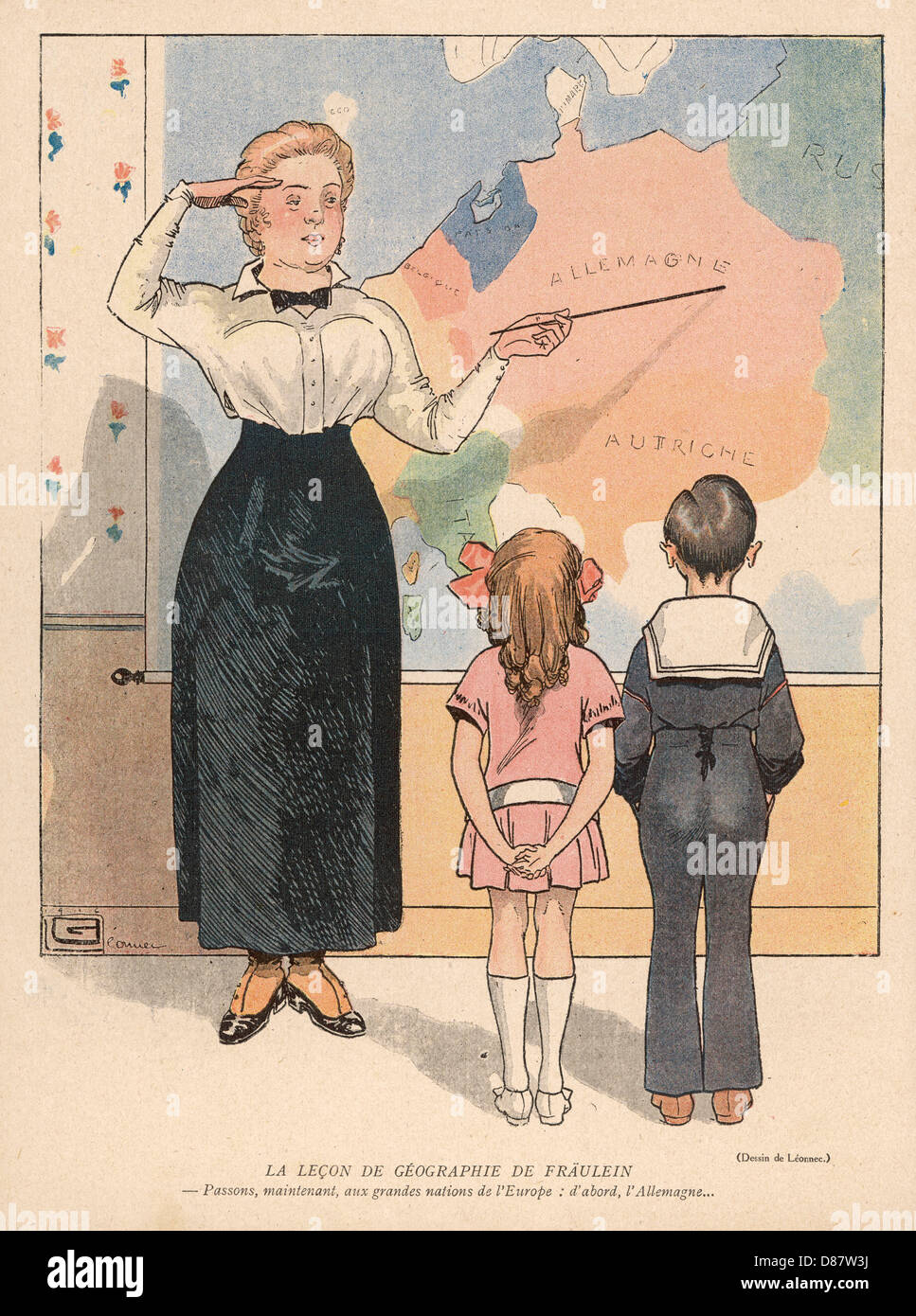 Caricature, leçon de géographie de Frauléin, WW1 Banque D'Images