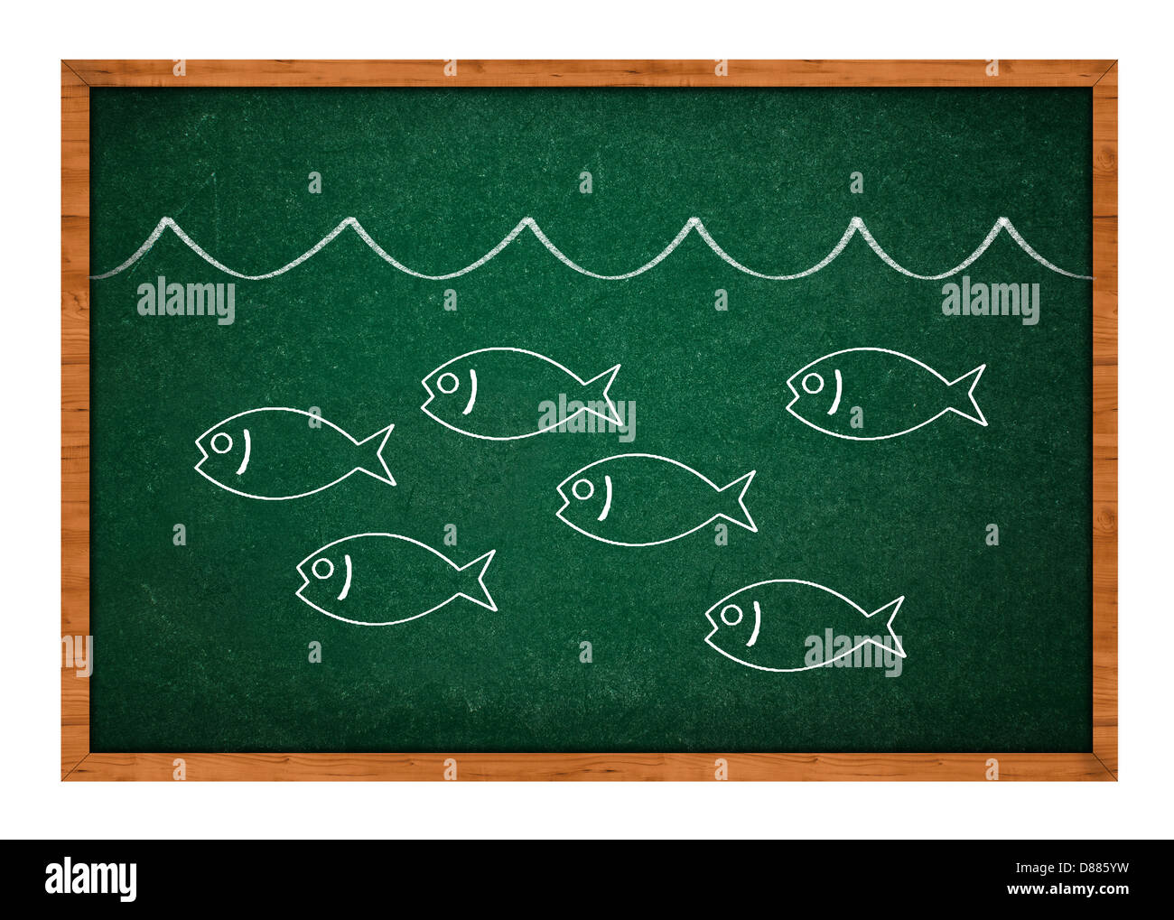 L'abondance de poissons dans la mer, dessin simple sur un tableau vert arrière-plan. Banque D'Images