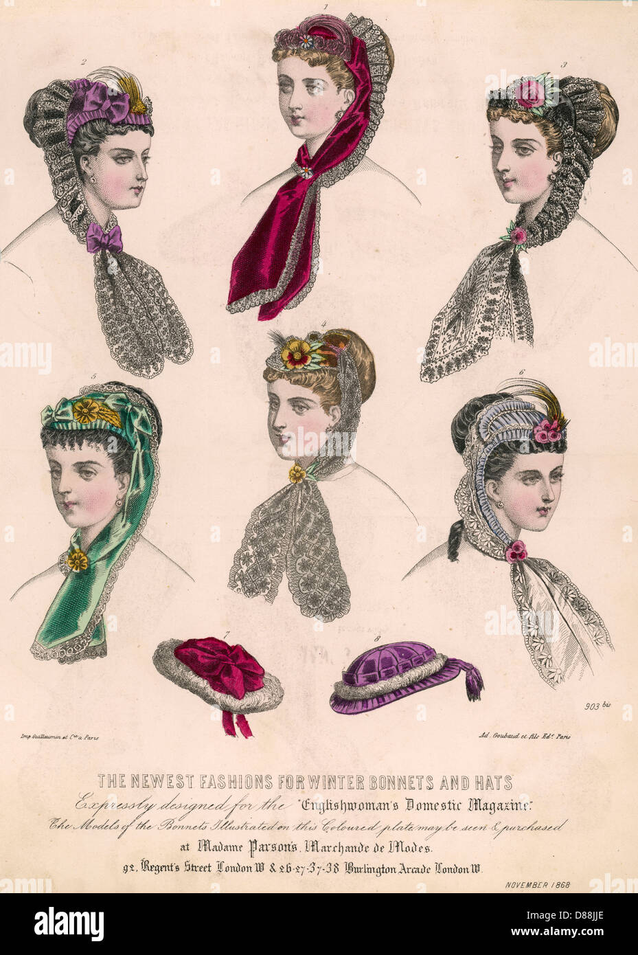 Bonnets et chapeaux 1868 Banque D'Images