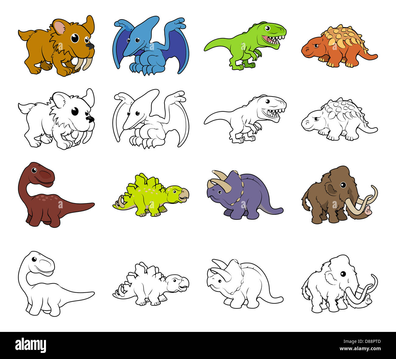 Un ensemble de dessins et illustrations de dinosaures animal préhistorique. Couleur et noir un contour blanc versions. Banque D'Images