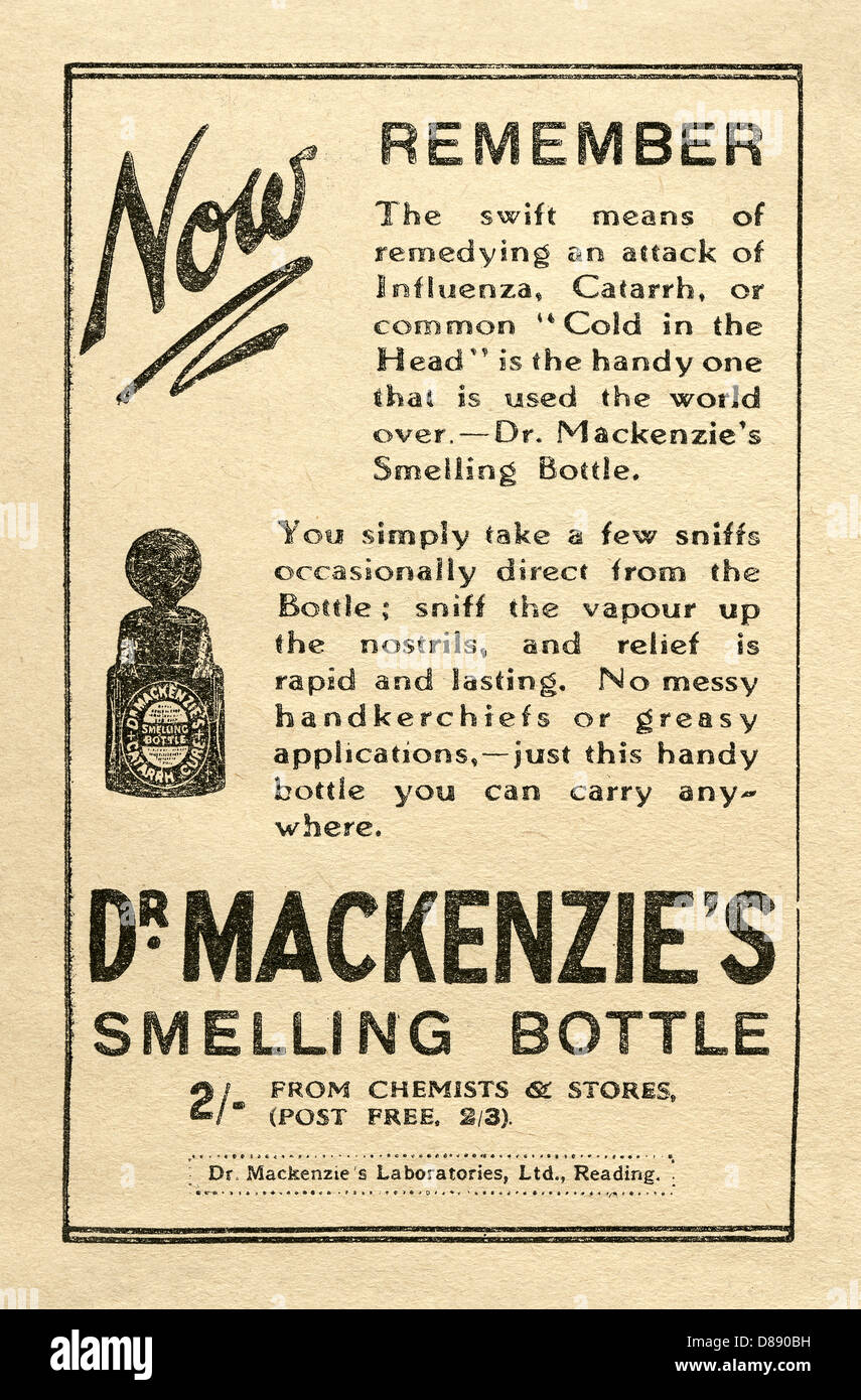 1928 Publicité pour Médecin Mackenzie's Smelling bouteille - un rhume, grippe et catarrhe guérir ou réparer Banque D'Images