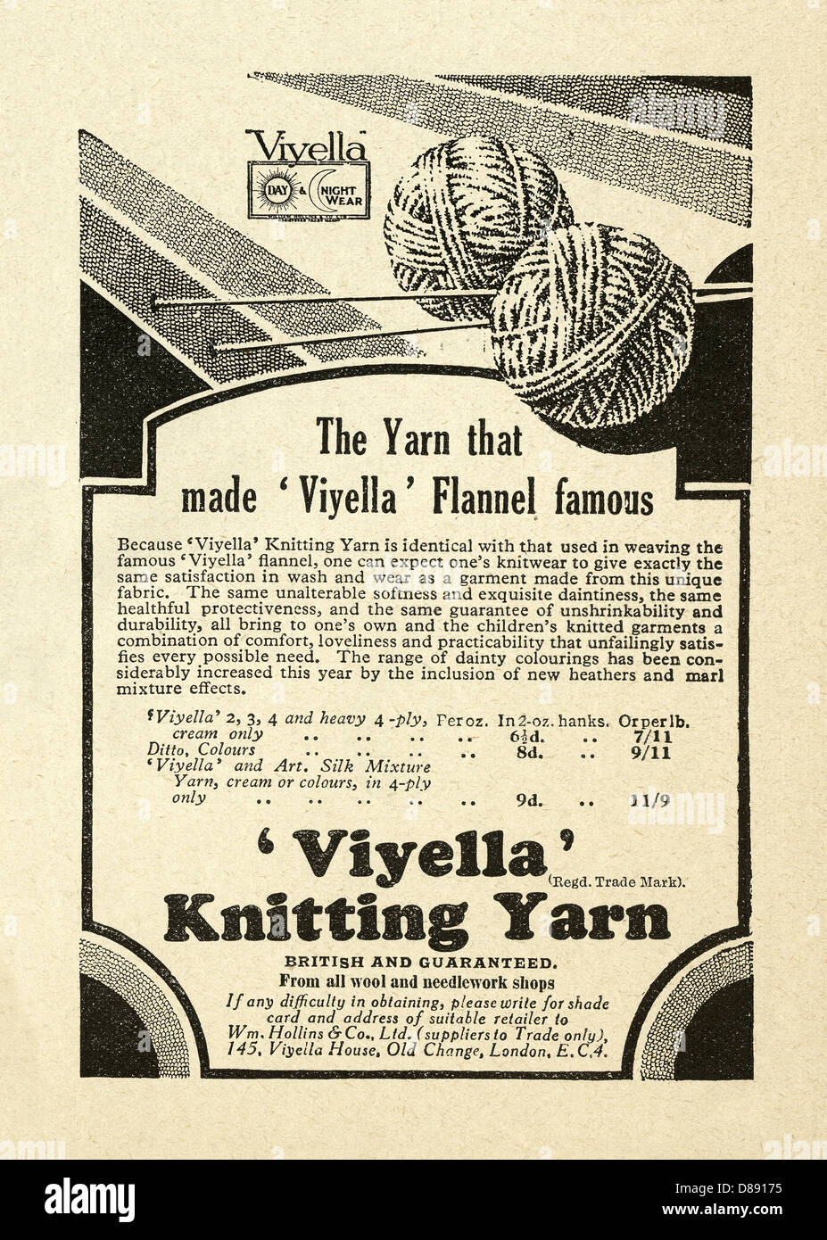 1928 Publicité pour 'Viyella' fil à tricoter avec une illustration d'une balle de laine' et 'aiguilles à tricoter Banque D'Images