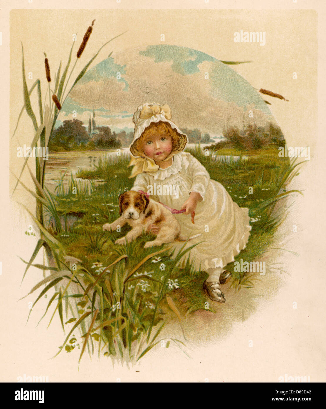 Girl and Puppy 1889 Banque D'Images