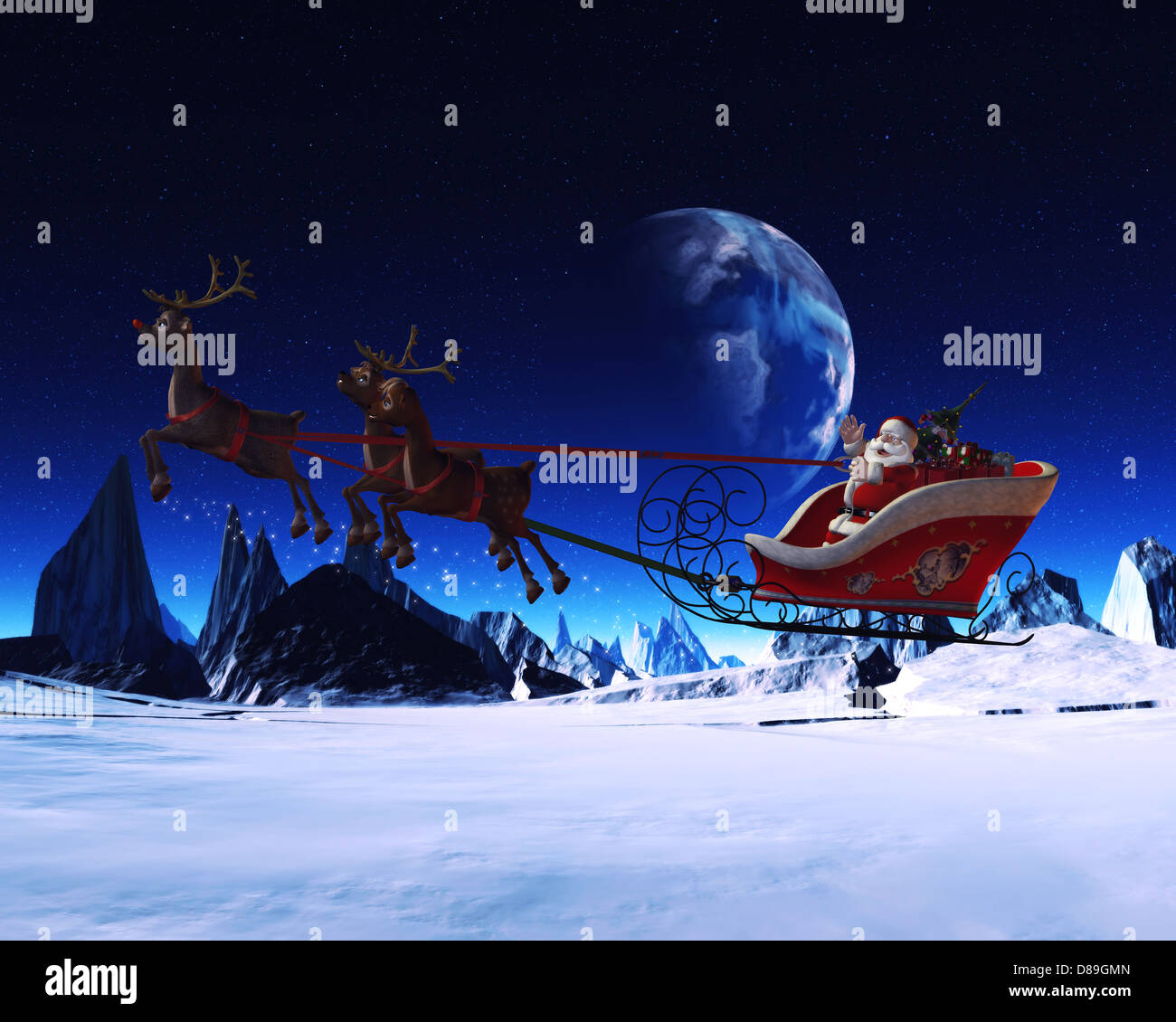 Le Père Noël et ses rennes - Le Père Noël vole dans son traîneau et ses  rennes dans la nuit Photo Stock - Alamy