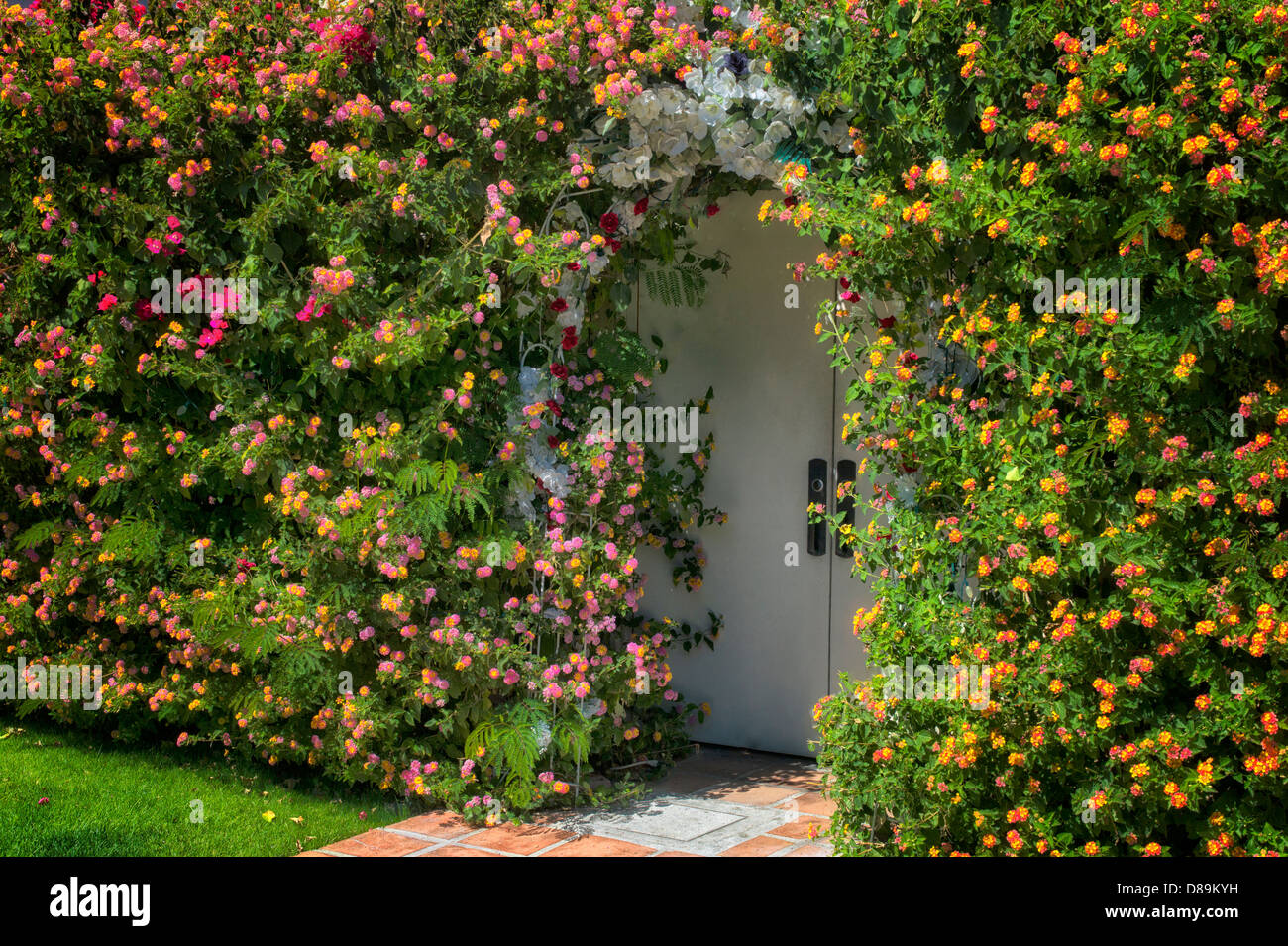 Porte couverte de fleurs. Banque D'Images