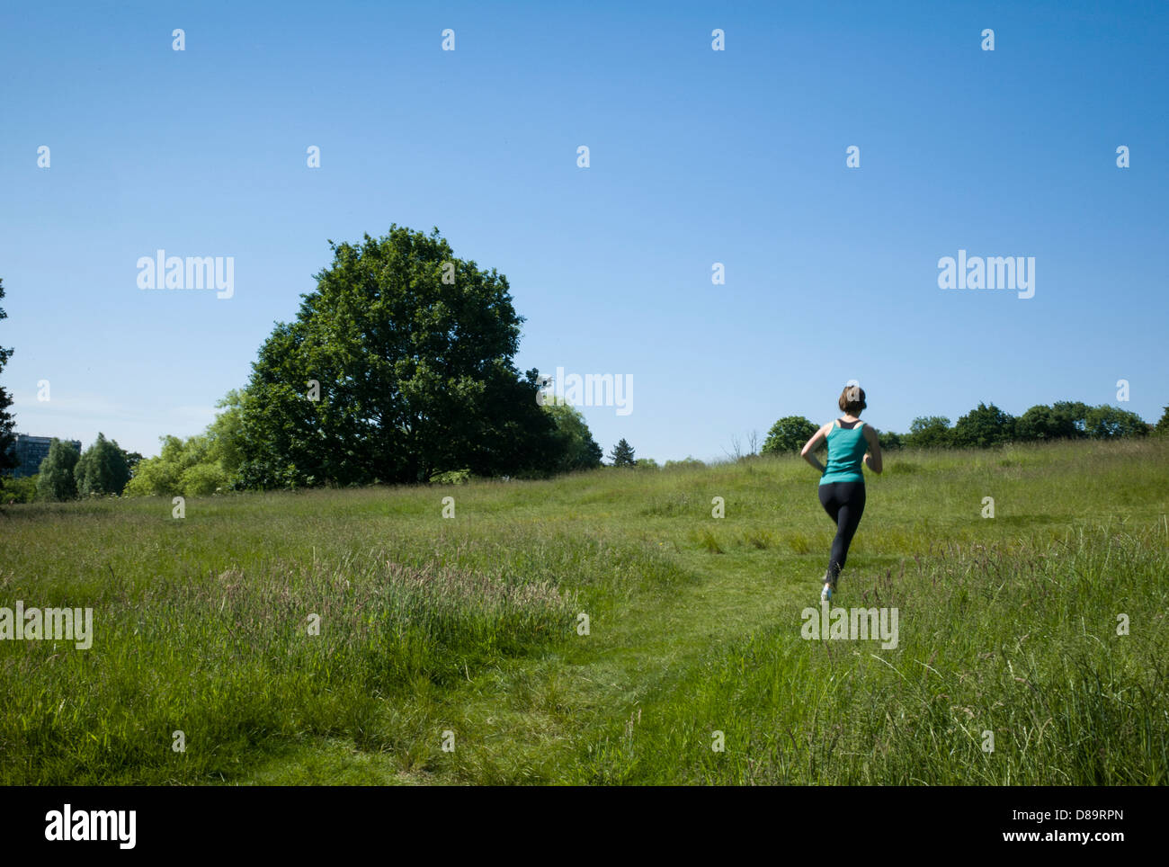 Londres Hampstead Heath, les joggeurs, le jogging sur la santé, de l'herbe. Banque D'Images