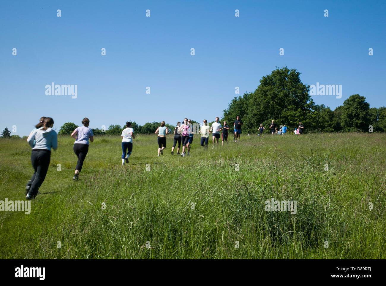 Londres Hampstead Heath, les joggeurs, le jogging sur la santé, de l'herbe. Banque D'Images