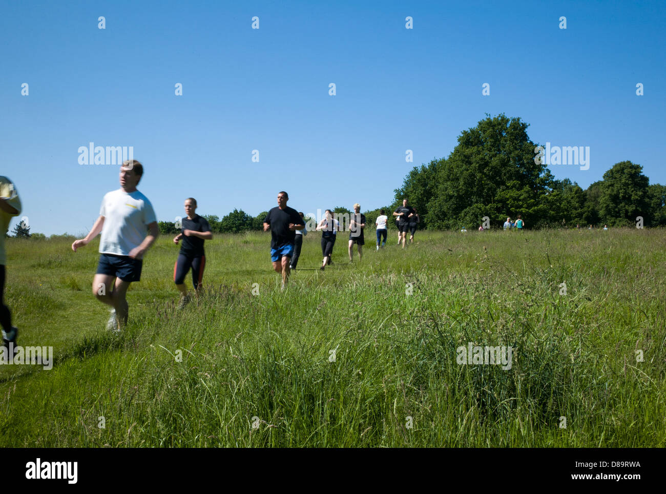 Londres Hampstead Heath, les joggeurs, le jogging sur la santé, de l'herbe. Banque D'Images