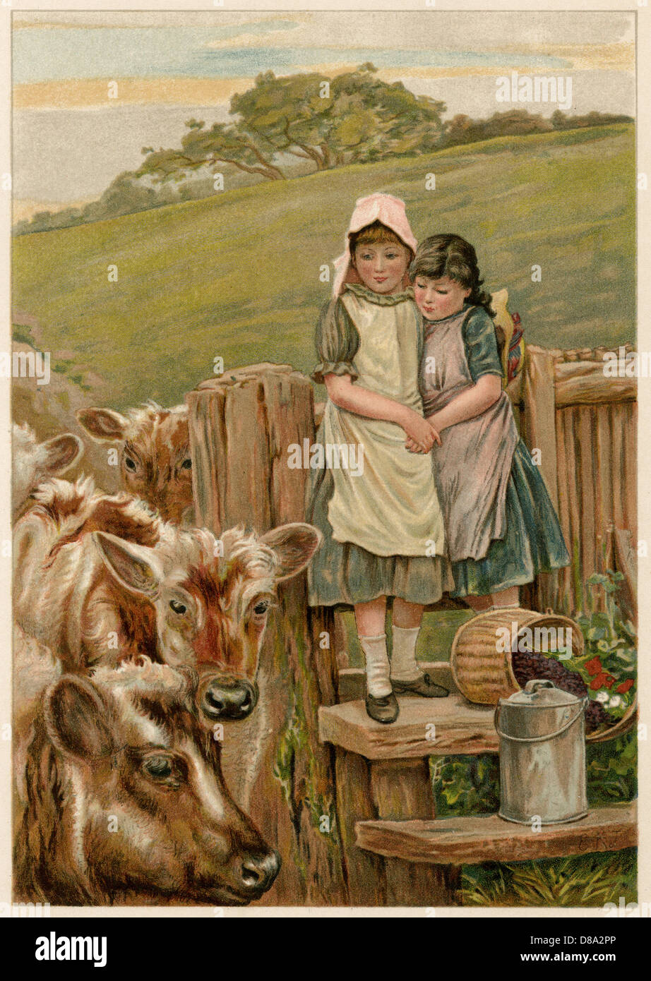 ENFANTS ET VACHES 1890 Banque D'Images