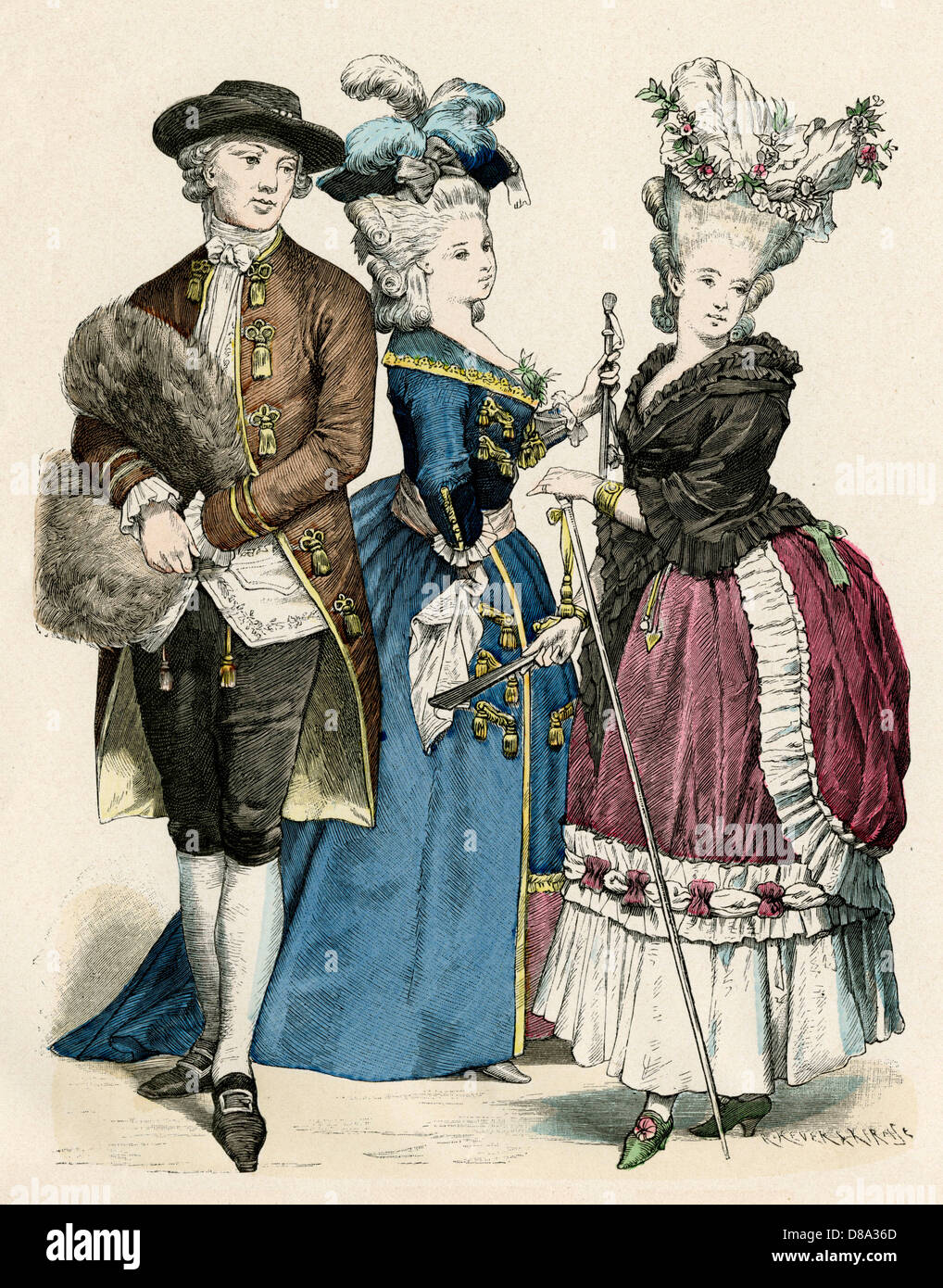 Costume de la fin du 18th siècle - coiffures exagérées Banque D'Images