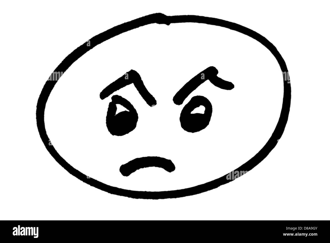 Une représentation clip art d'un visage en colère, avec des expressions faciales exagérées telles que des sourcils sillonnés et un froncement de sourcils. Cette illustration simple exprime la frustration ou la colère à travers des indices visuels. Banque D'Images