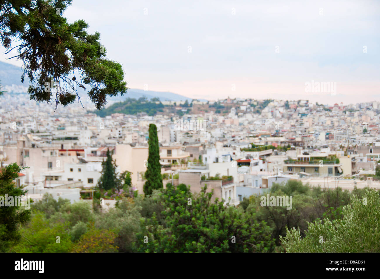 Vue de la ville d'Athènes en Grèce, se concentrer sur l'arbre en face, faible profondeur de champ Banque D'Images