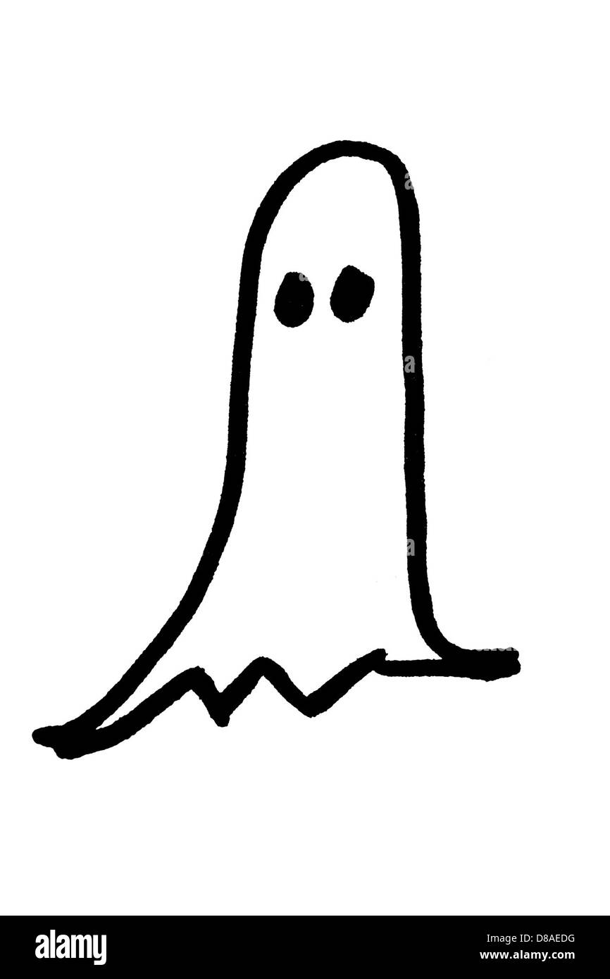 Une illustration dessinée à la main d'un fantôme d'Halloween, avec un drap blanc classique avec deux yeux noirs et un design flottant et effrayant. Ce clip art transmet une ambiance amusante et étrange d'Halloween. Banque D'Images