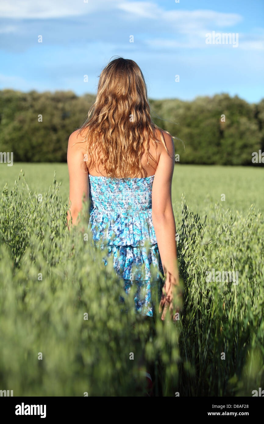 Vue arrière d'une femme marchant sur une prairie d'avoine avec le ciel bleu en arrière-plan Banque D'Images