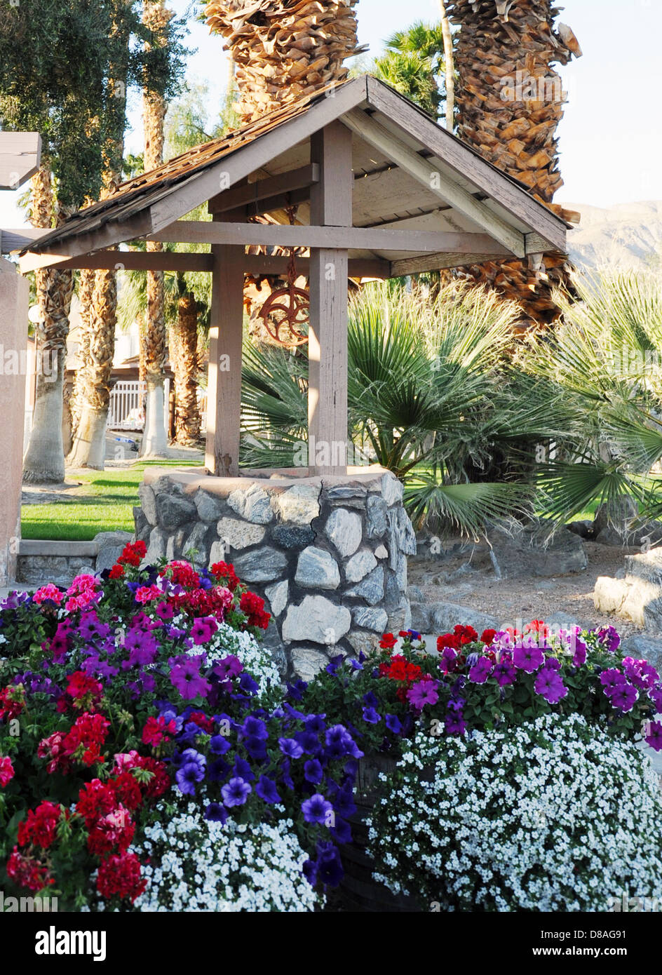 Wishing Well surround fleurs à Desert Hot Springs en Californie, Desert Resort city, Palm Springs, eh bien, qui souhaitent ainsi, les fleurs, Banque D'Images