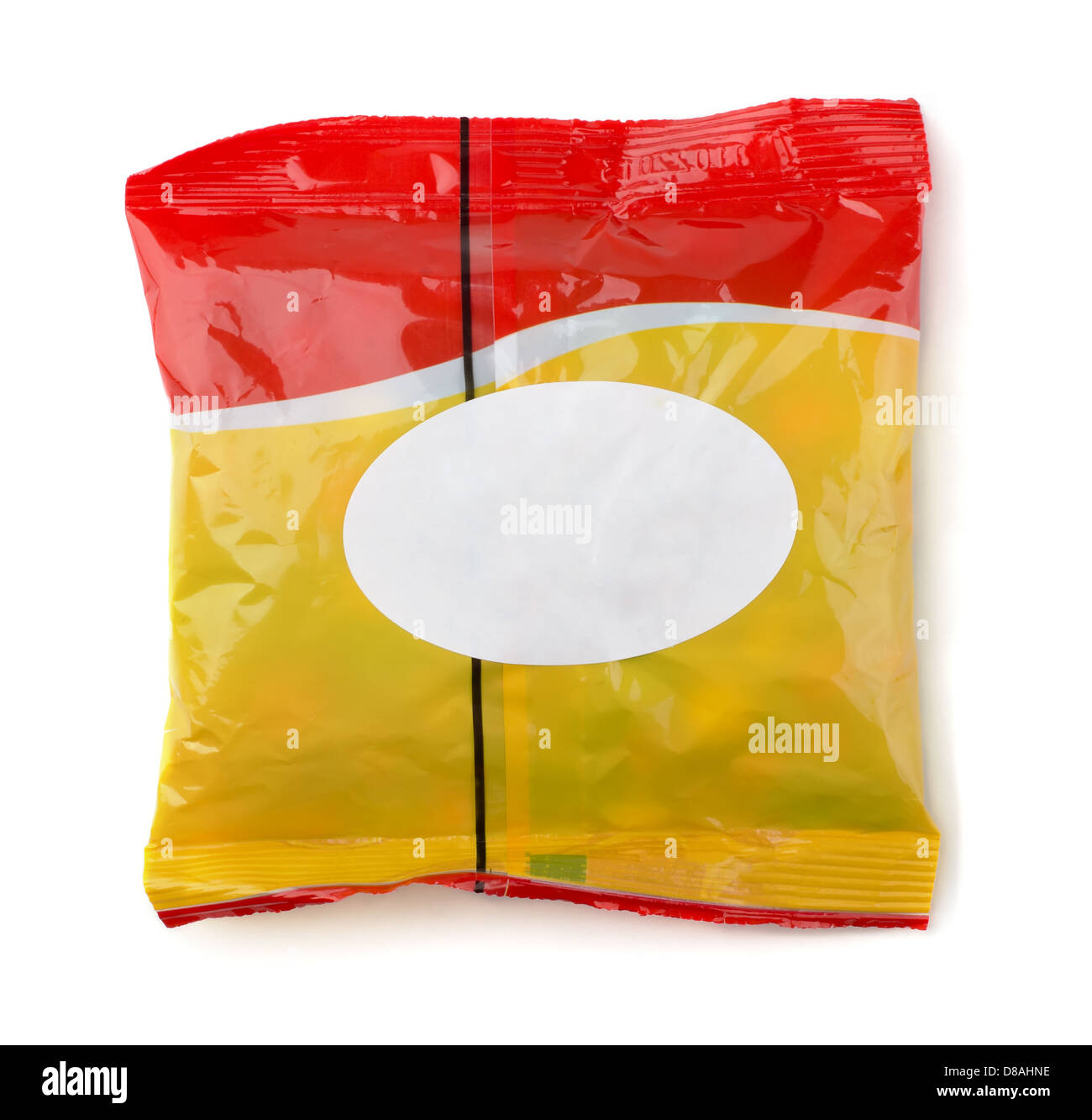 Paquet alimentaire rouge et jaune avec étiquette blanche isolated on white Banque D'Images