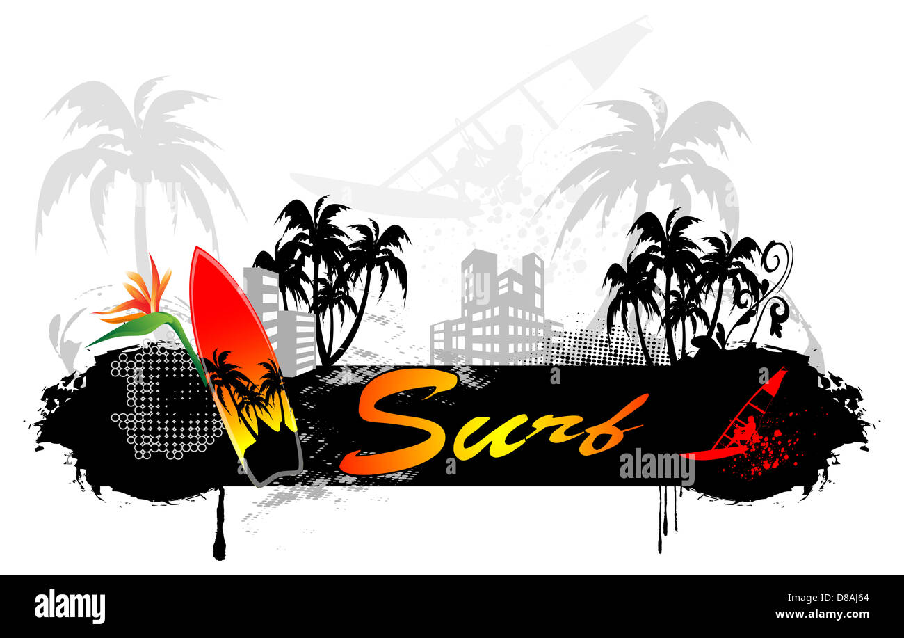 Plage, surf, surfeurs, maison de vacances, palmiers, loisirs, sports, été, soleil, surf, surfeurs, eau, voir, fleurs, Banque D'Images