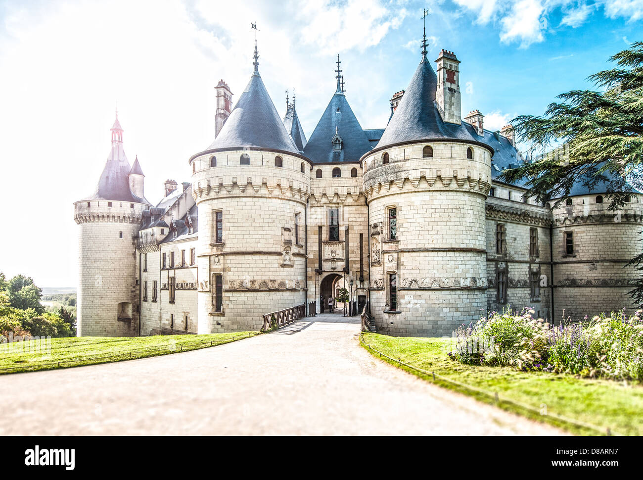 Grand château en France, en Europe. Château de pierre blanche avec des tours entouré de pelouses et d'arbres. Route menant Banque D'Images