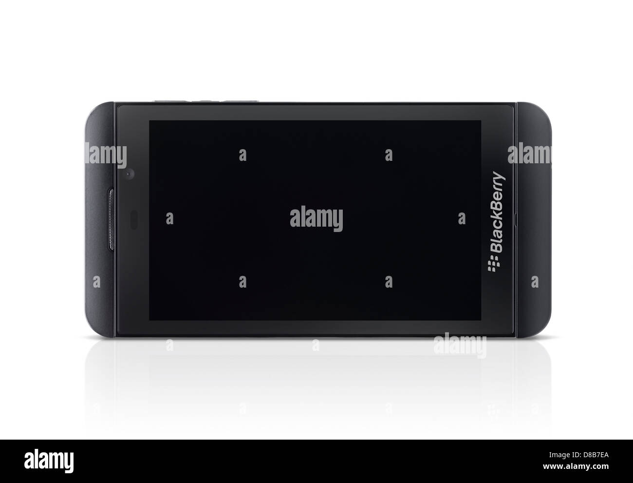 Smartphone Blackberry Z10 avec écran blanc couché sur le côté isolé sur fond blanc avec clipping path Banque D'Images