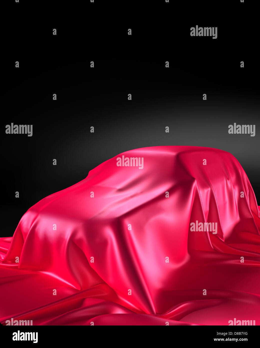 Nouveau modèle de voiture sur un banc sous le tissu rouge brillant présentation concept isolé sur fond noir Banque D'Images