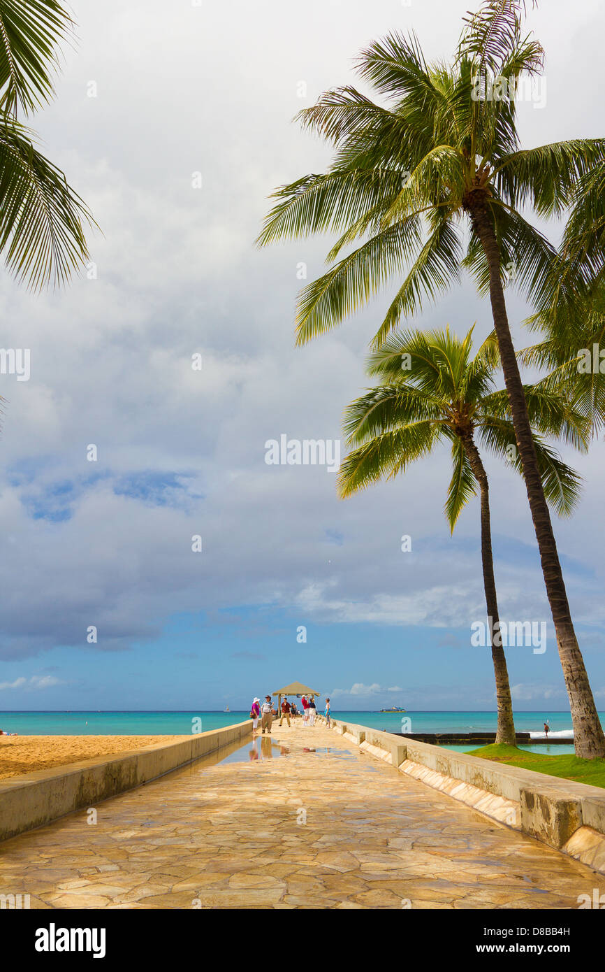 Allée de pierre à l'océan Pacifique avec des palmiers au-dessus de lui à la plage de Waikiki à Hawaï Banque D'Images