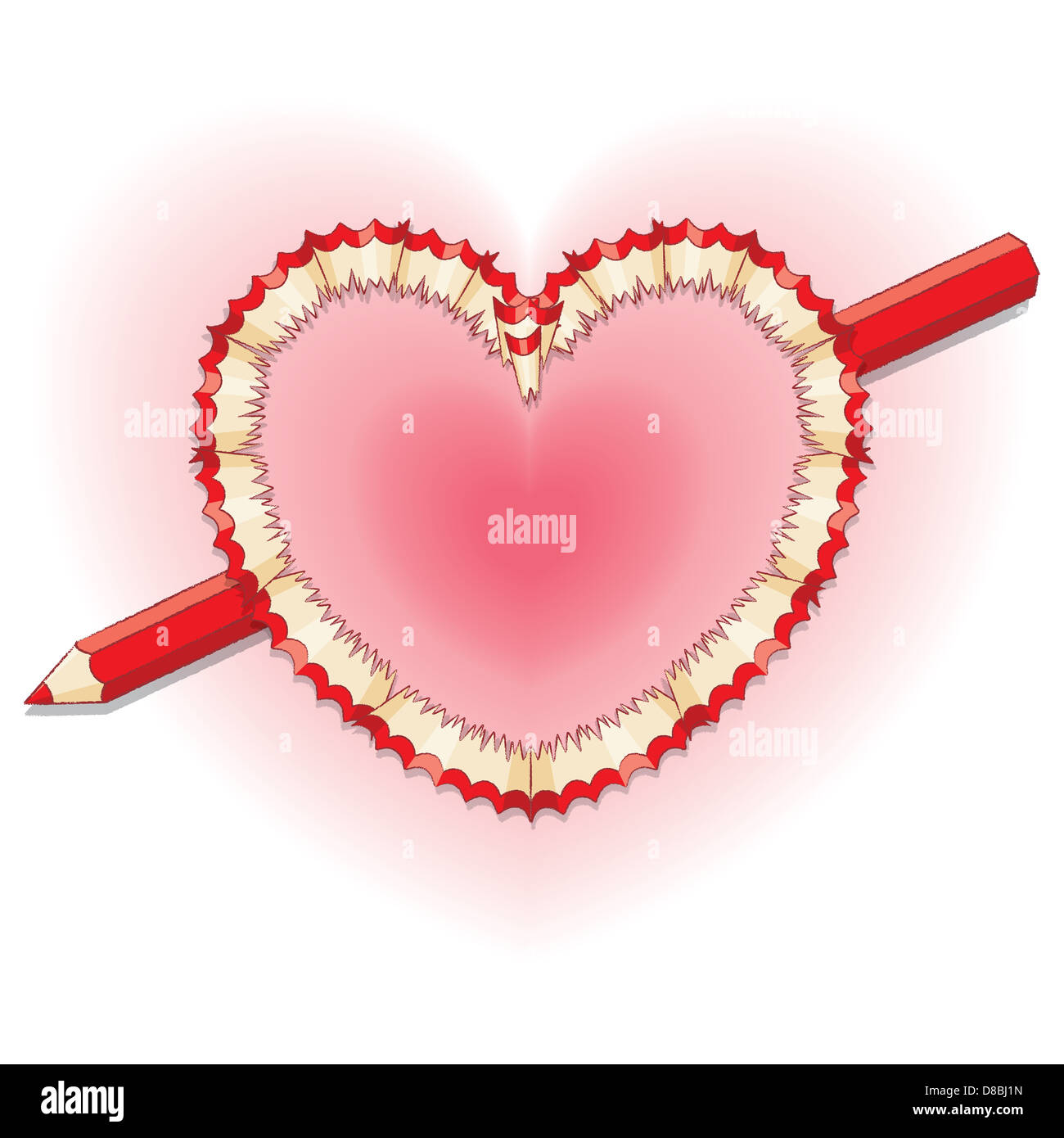 Copeaux de crayon rouge en forme de coeur avec lueur douce avec un crayon rouge de Arrow Banque D'Images