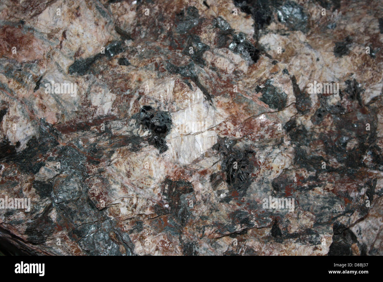 Une vue rapprochée d'une roche de pegmatite, avec des cristaux de feldspath et de mica biotite noir. Les pegmatites sont connues pour leurs grandes formations cristallines et sont souvent trouvées dans les roches granitiques. Banque D'Images