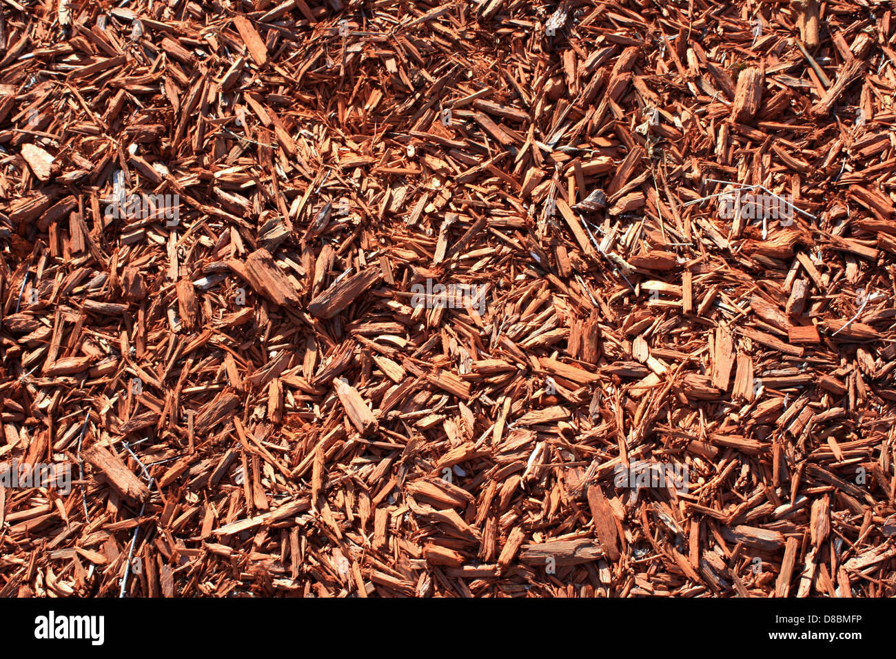 Pile de copeaux de bois rouge, couramment utilisés pour l'aménagement paysager et le paillage. Les copeaux sont de couleur vive et peuvent aider à retenir l'humidité du sol et à supprimer la croissance des mauvaises herbes. Banque D'Images