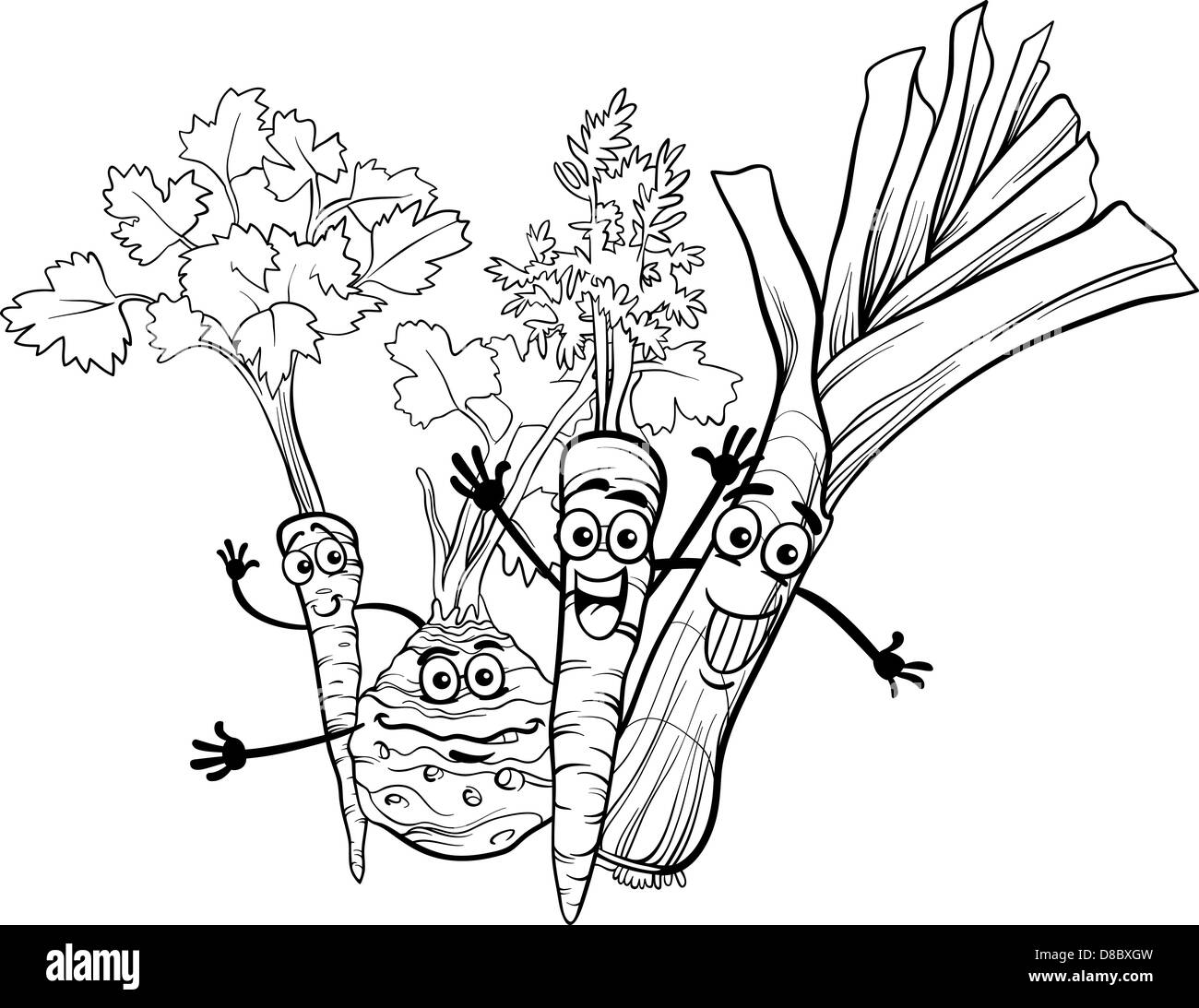 Cartoon noir et blanc Illustration de légumes soupe heureux caractères alimentaire Livre à colorier pour Groupe Banque D'Images