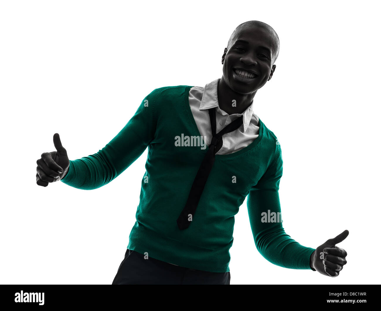 Un homme noir africain smiling thumb up en silhouette studio sur fond blanc Banque D'Images