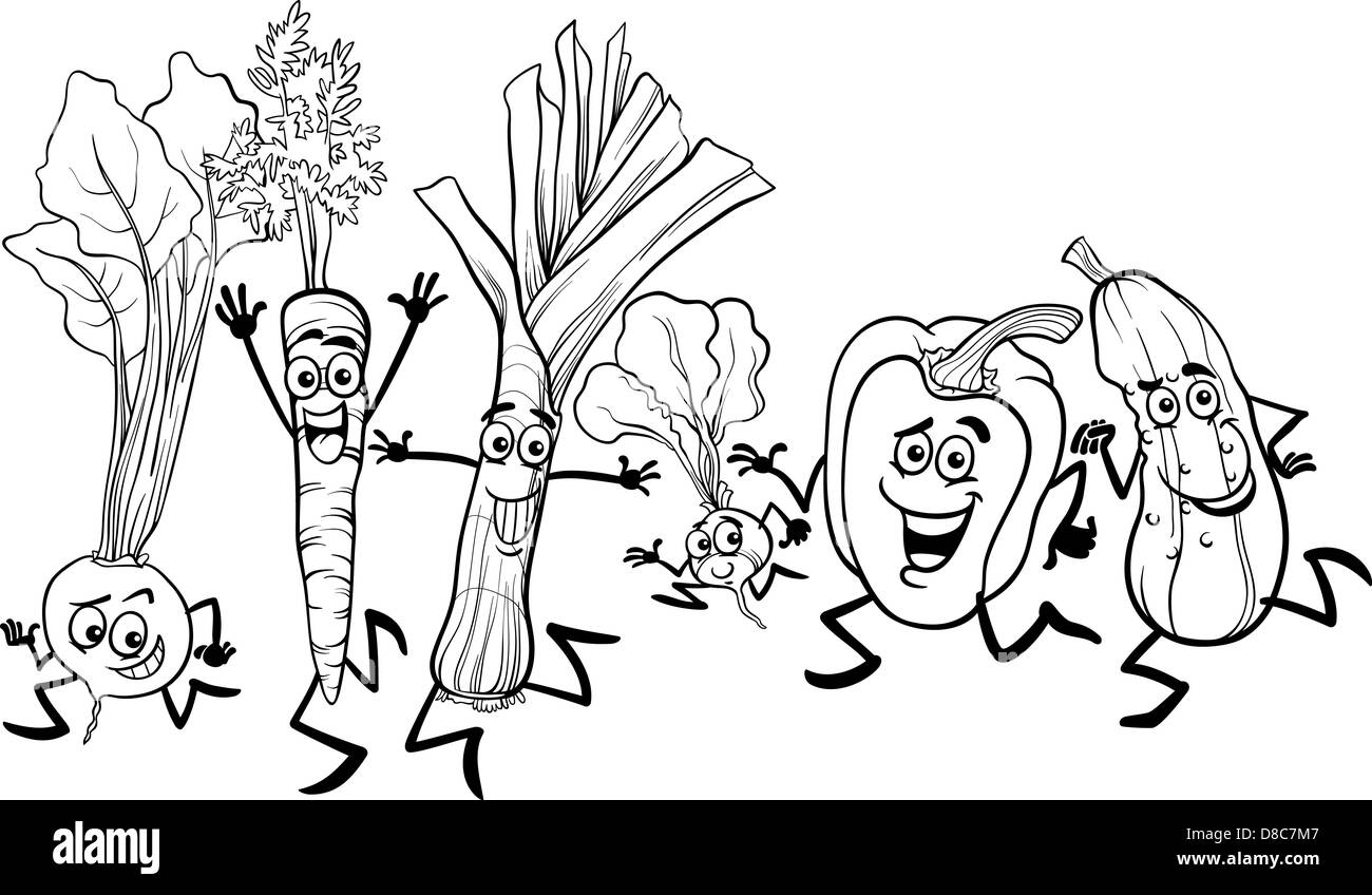Illustration Cartoon noir et blanc de bonne course alimentaire Légumes Groupe Caractères pour Coloring Book Banque D'Images