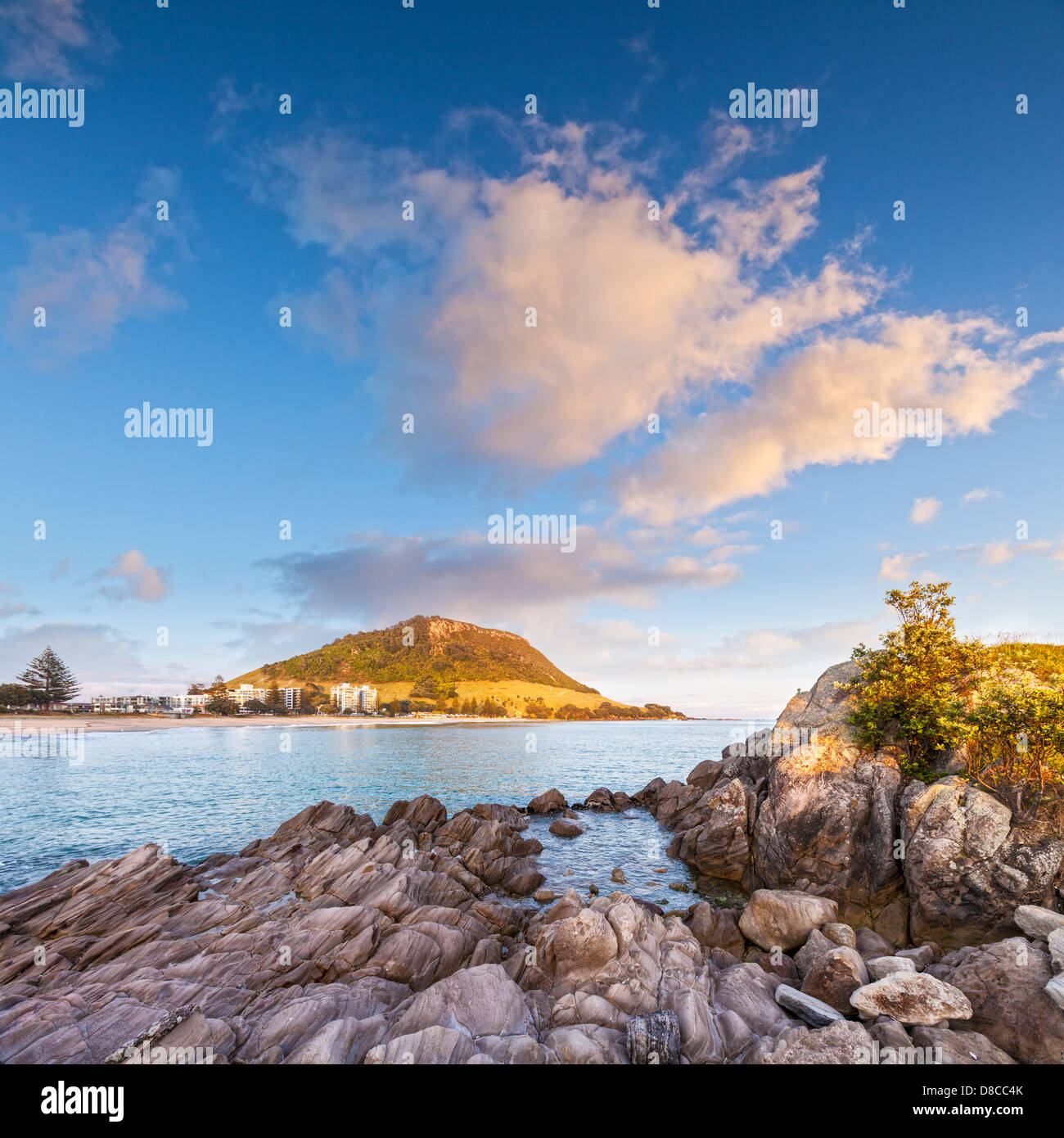 Mount Maunganui Nouvelle-zélande Bay of Plenty au lever du soleil. Mount Maunganui est un volcan éteint dans un emplacement spectaculaire au... Banque D'Images